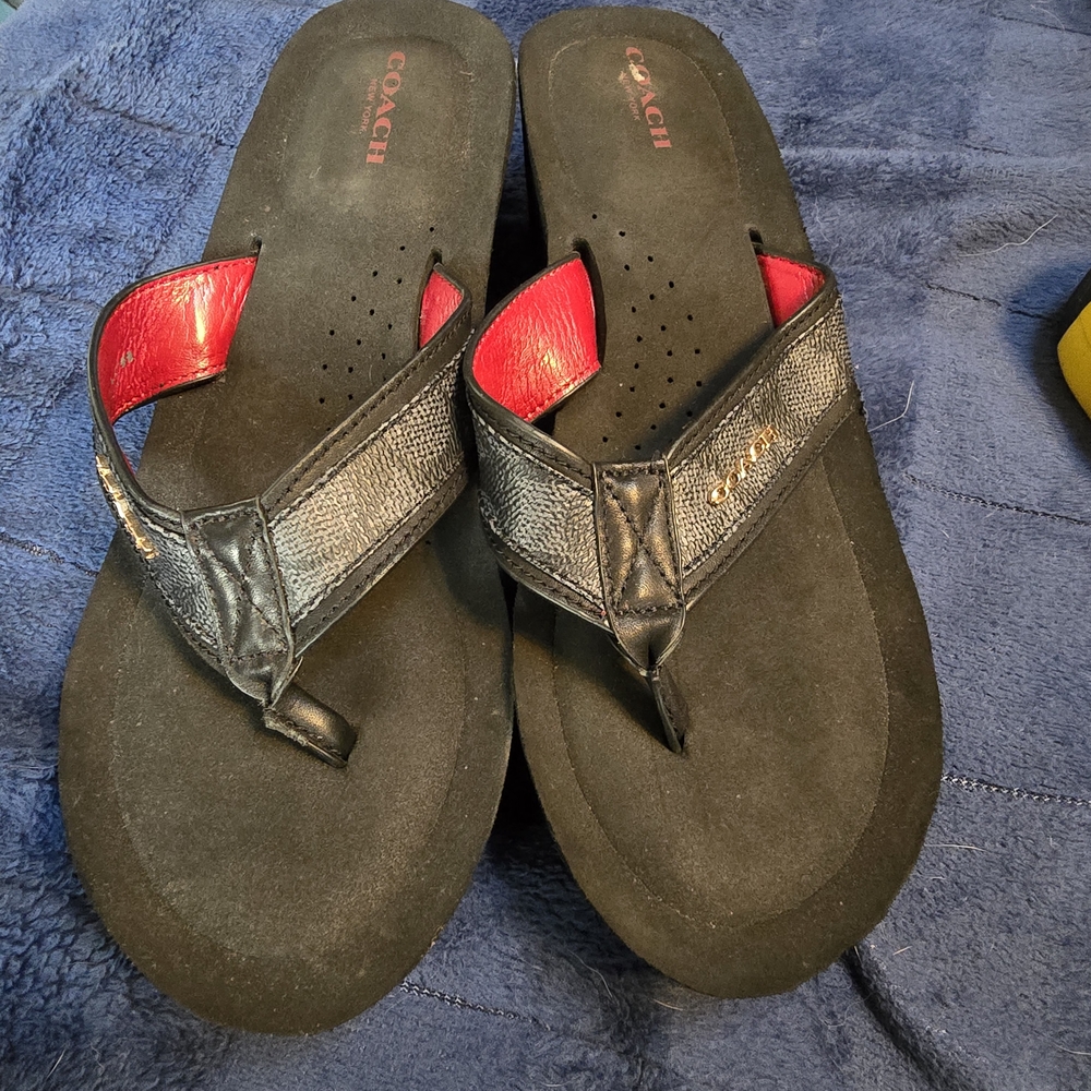 Coach Black Sandal Flip-Flops with Red Lining